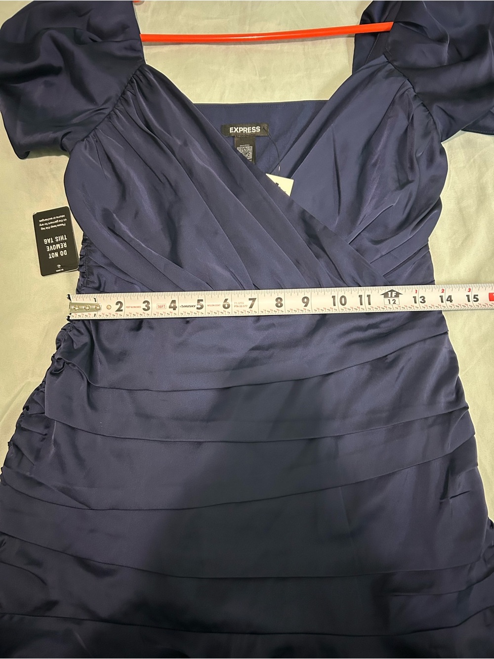 Express Navy Satin Ruched Mini Dress with Ruffle Hem- NWT! - Picture 6 of 7